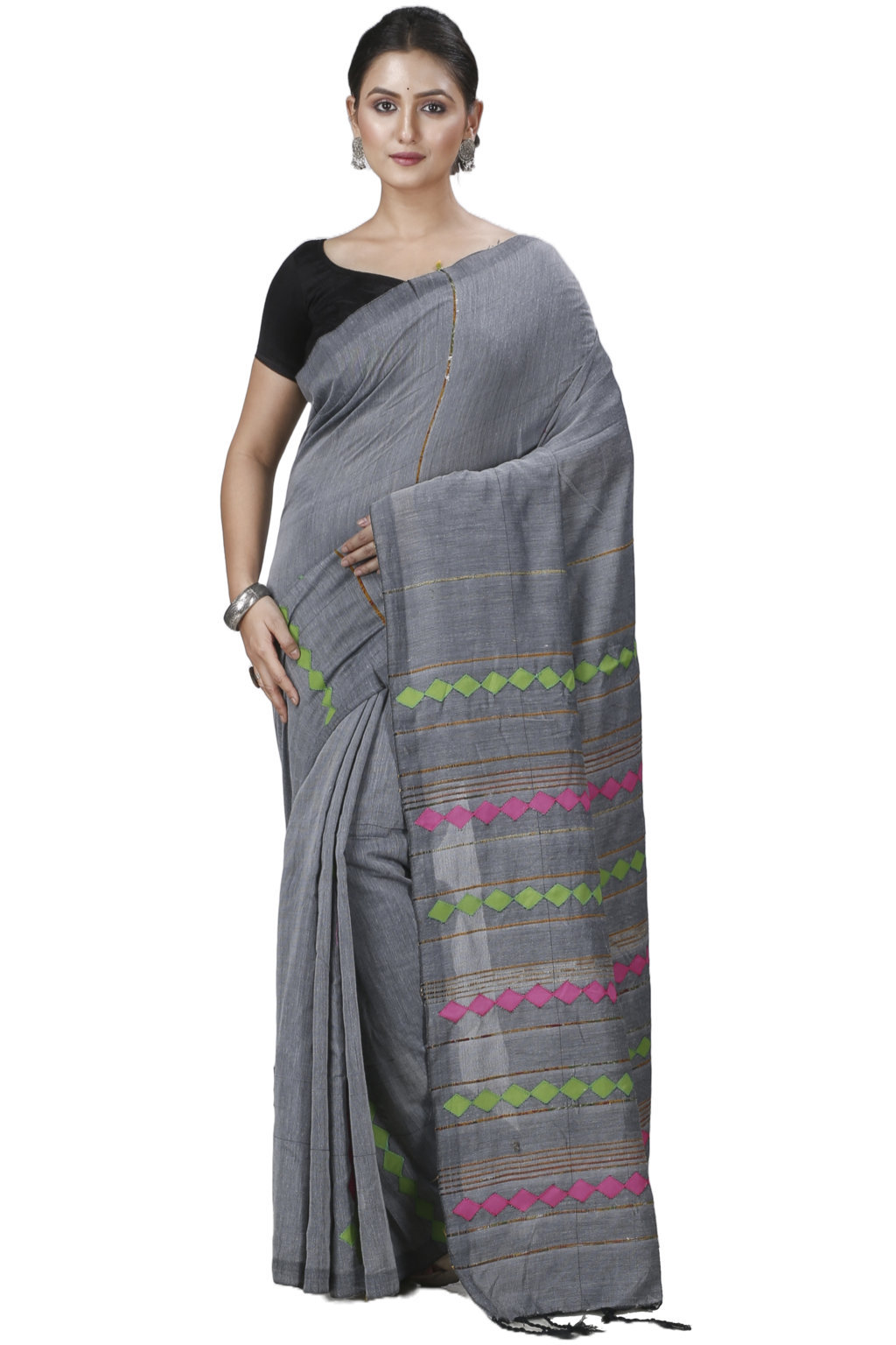 Grey Pure Cotton Tika Applique Saree (1276)